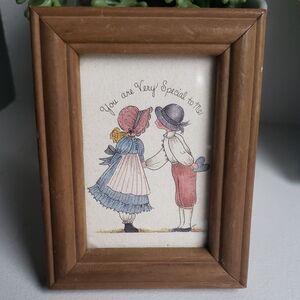 Vintage Framed Amish Art with Boy & Girl Illustration.